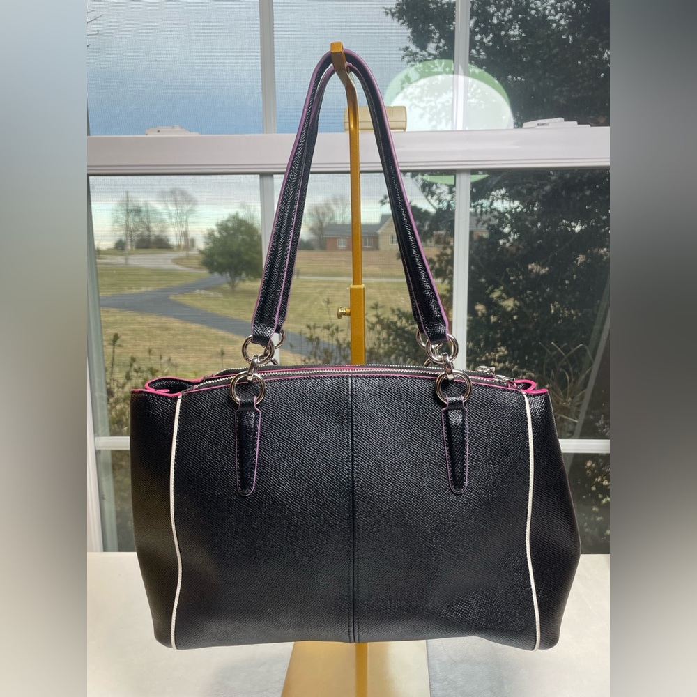 Coach Christie Carryall Black Crossgrain Leather with Pink/Magenta Piping NWOT - Picture 9 of 17